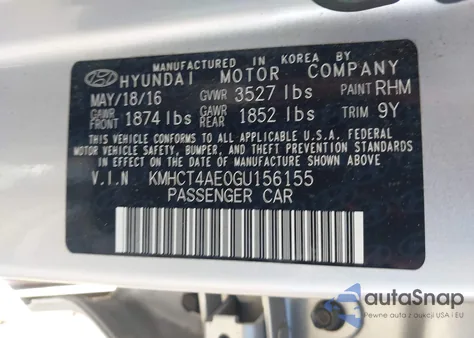 2016 Hyundai Accent Se from USA, damaged, VIN KMHCT4AE0GU156155